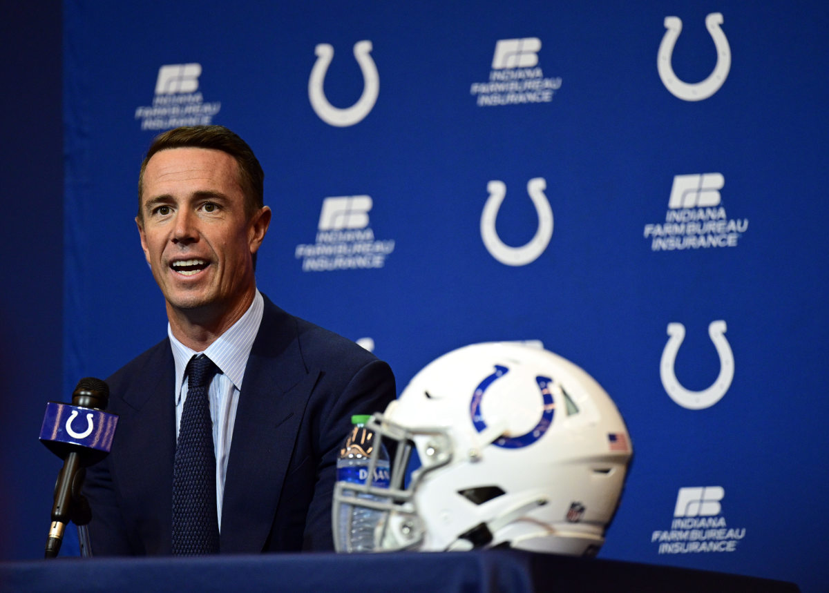 Mar 22, 2022; Indianapolis, IN, USA; Indianapolis Colts Quarterback Matt Ryan (2) holds a press conference to announce his joining of the team at Indiana Farm Bureau Football Center. Mandatory Credit: Marc Lebryk-USA TODAY Sports